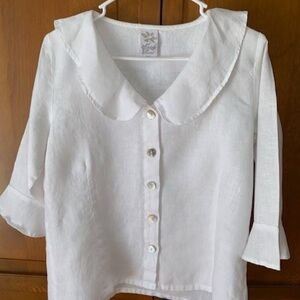 White Button-Up 100% Linen Blouse with Ruffled Collar